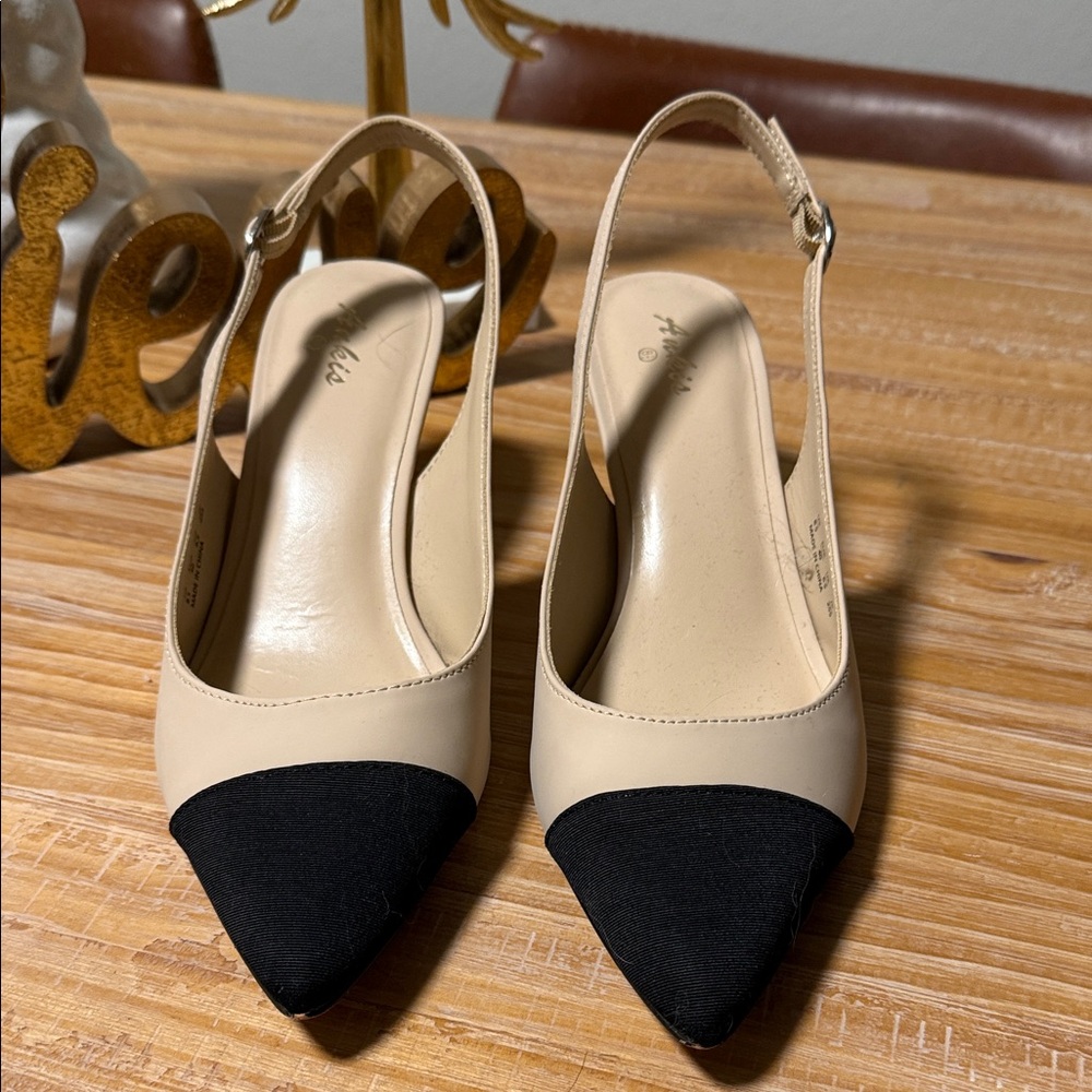 Chic Beige and Black Slingback Heels